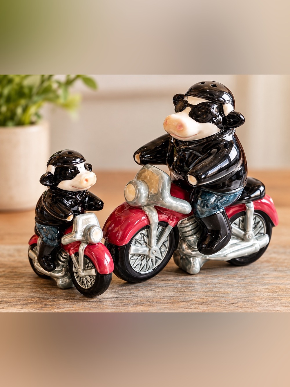 Ceramic Cow Motorcycle Salt and Pepper Shakers
